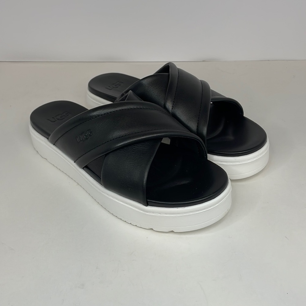 New Women’s UGG Black Zayne Crossband Platform Leather Slide Ons Size 9